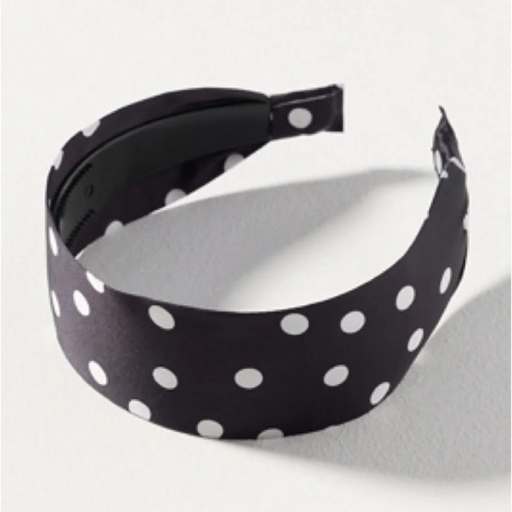 ANTHRO Wide Satin Headband - Black and White Polka Dot